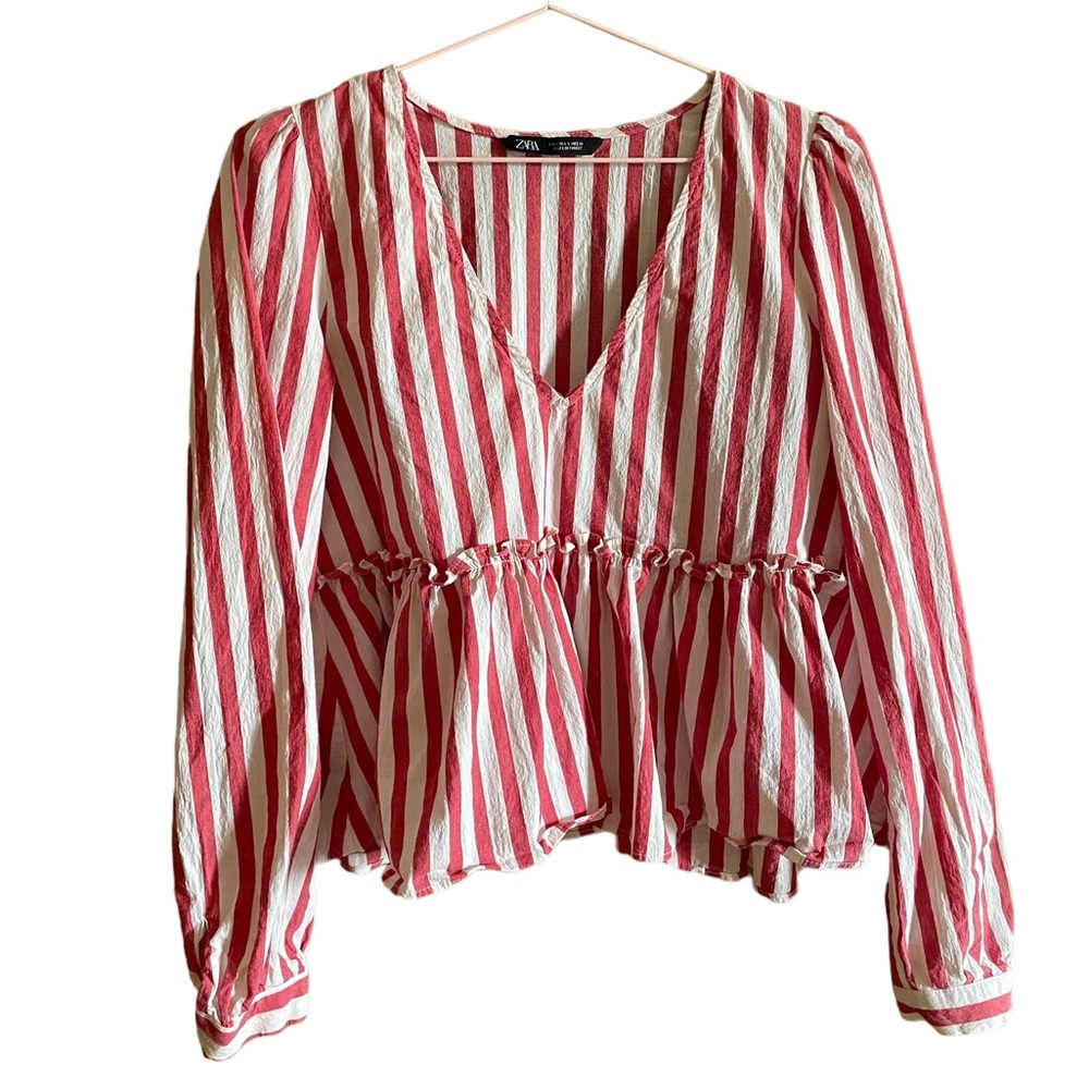 Long sleeve red and white striped low v neck peplum top
